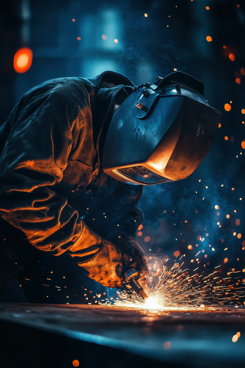 Close up image of a professional welder in an industrial setup, welding iron, sparks flying all around.